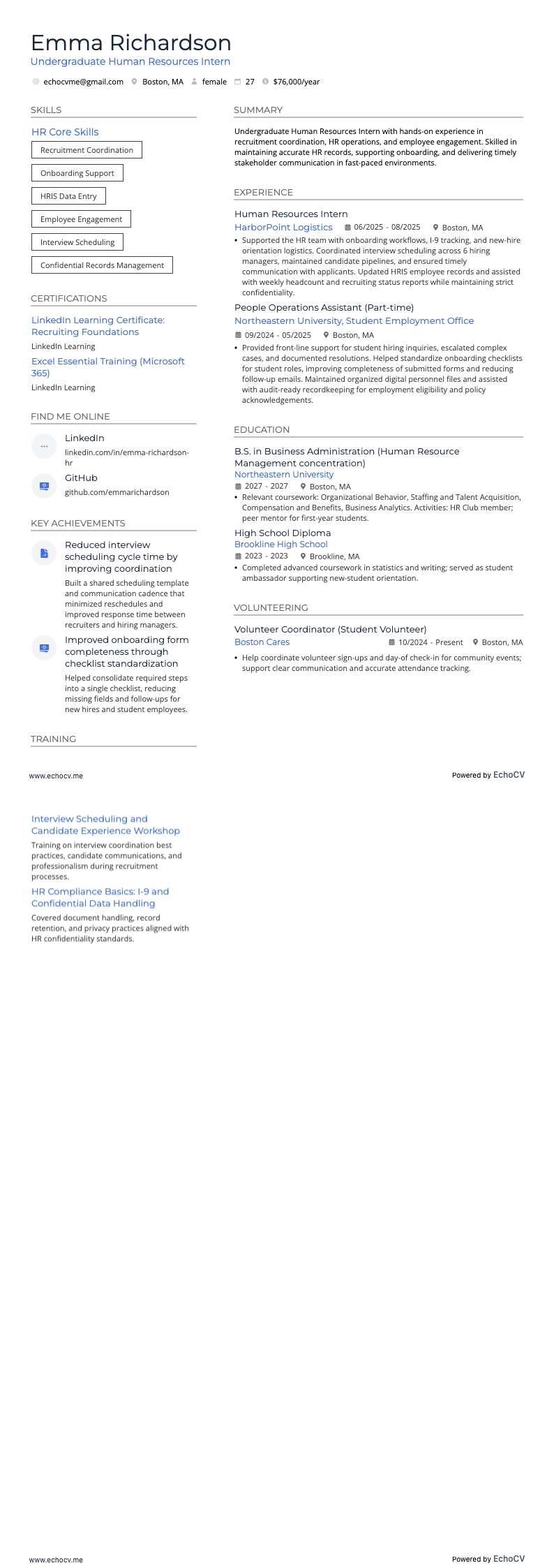Undergraduate Human Resources Intern example resume