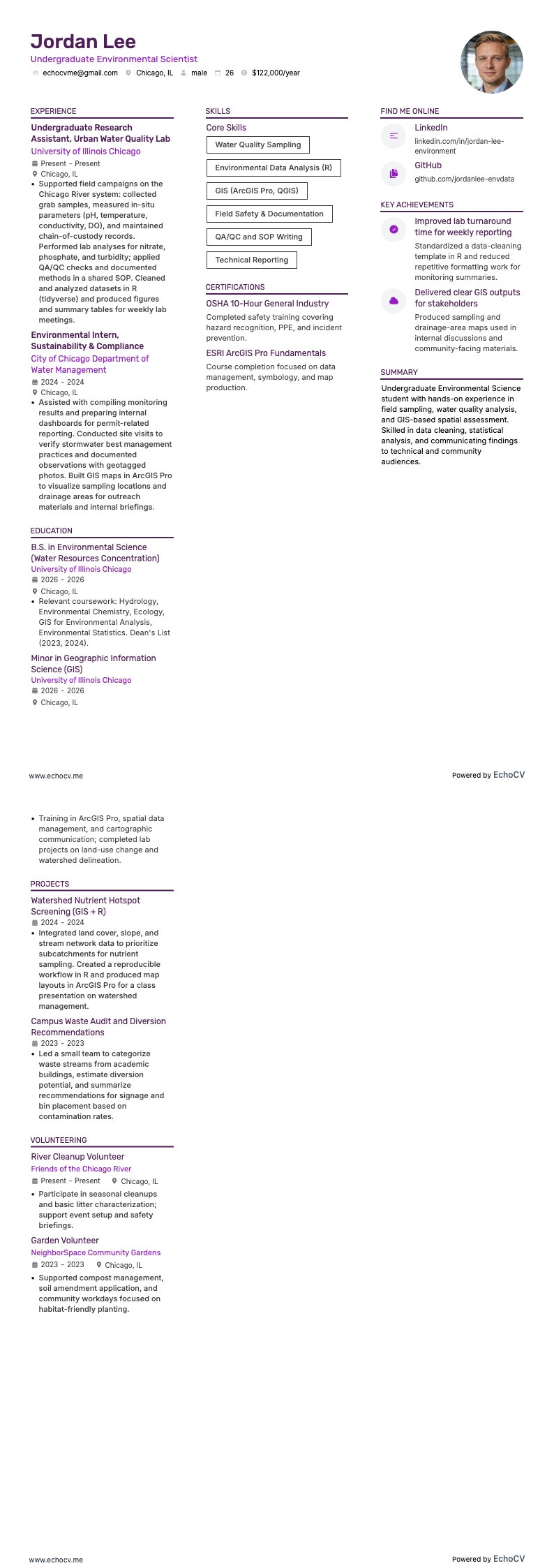 Undergraduate Environmental Scientist example resume