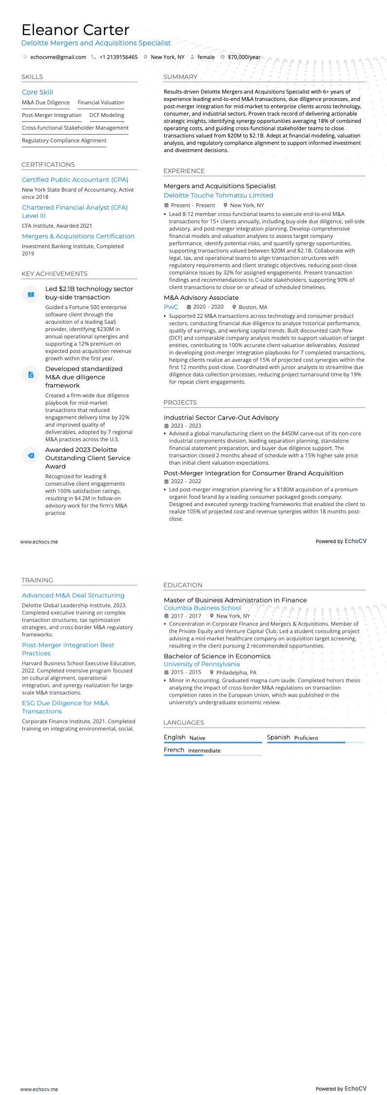 Deloitte Mergers and Acquisitions Specialist example resume