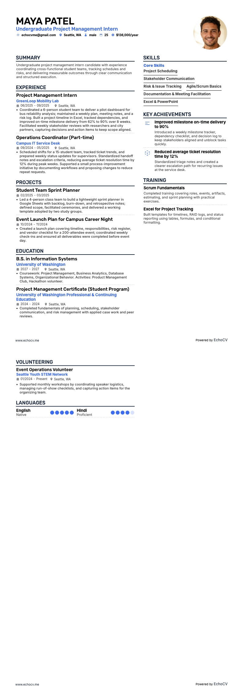 Undergraduate Project Management Intern example resume