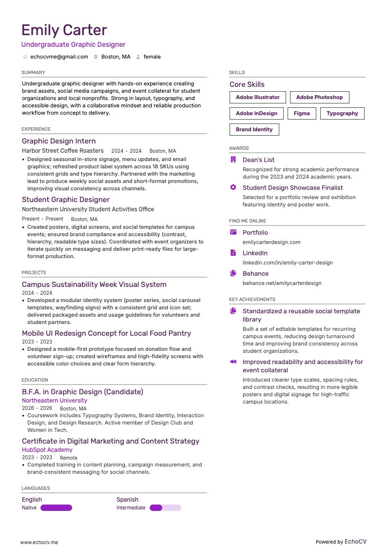 Undergraduate Graphic Designer example resume