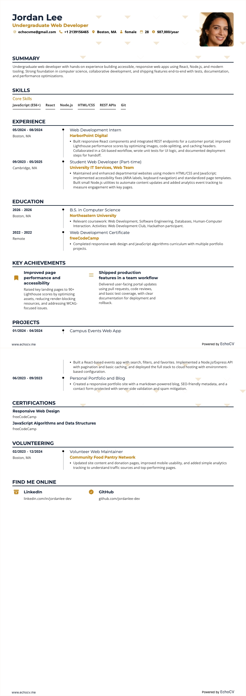 Undergraduate Web Developer example resume