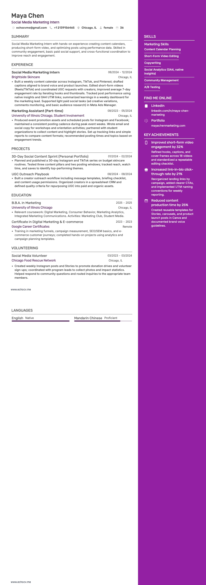 Estagiário de marketing resume example