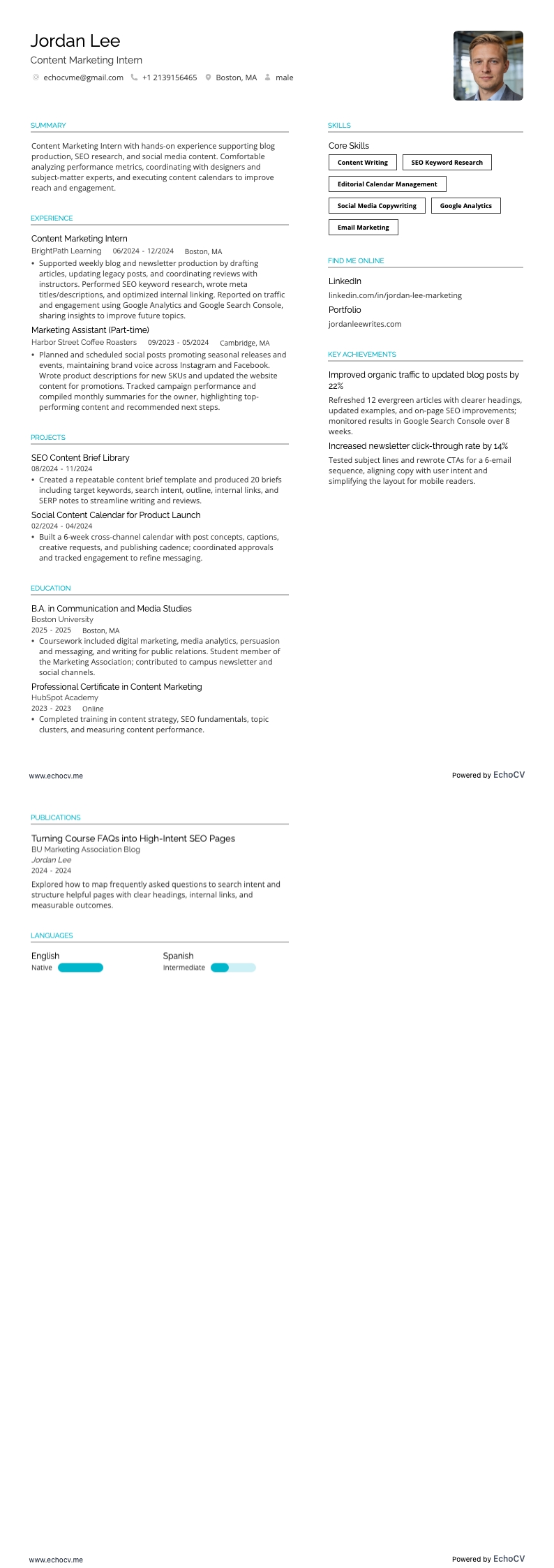 Thực tập sinh marketing nội dung example resume