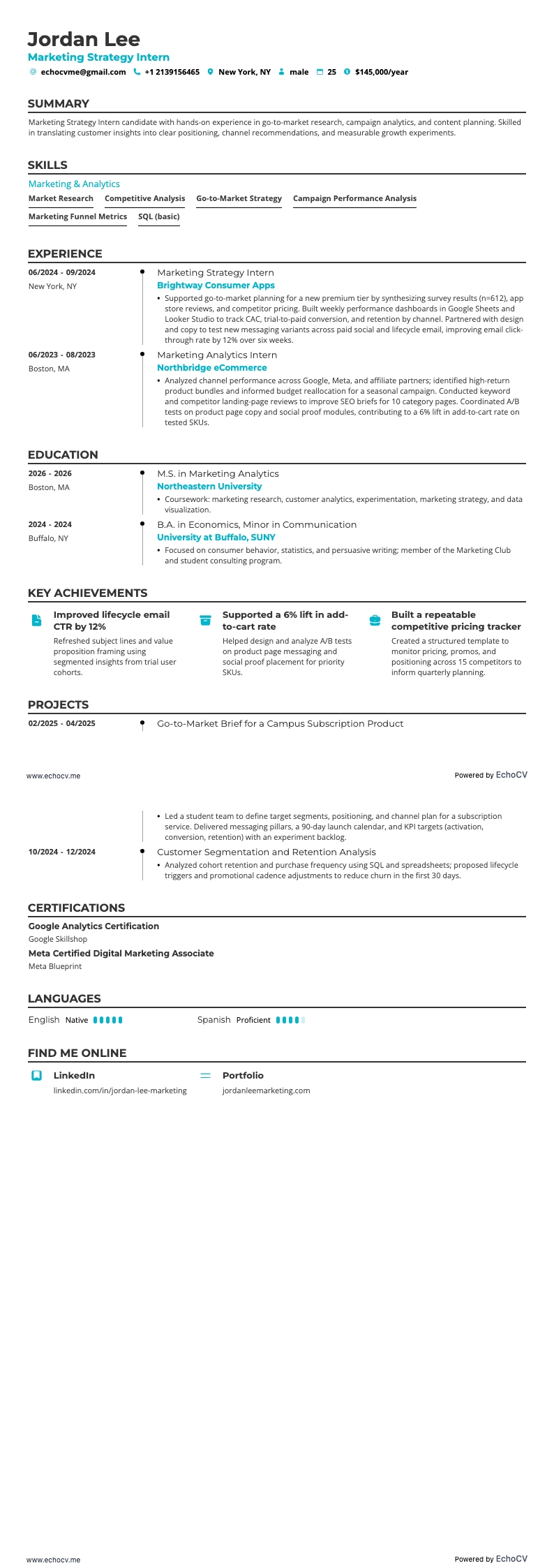 Marknadsföringspraktikant resume example