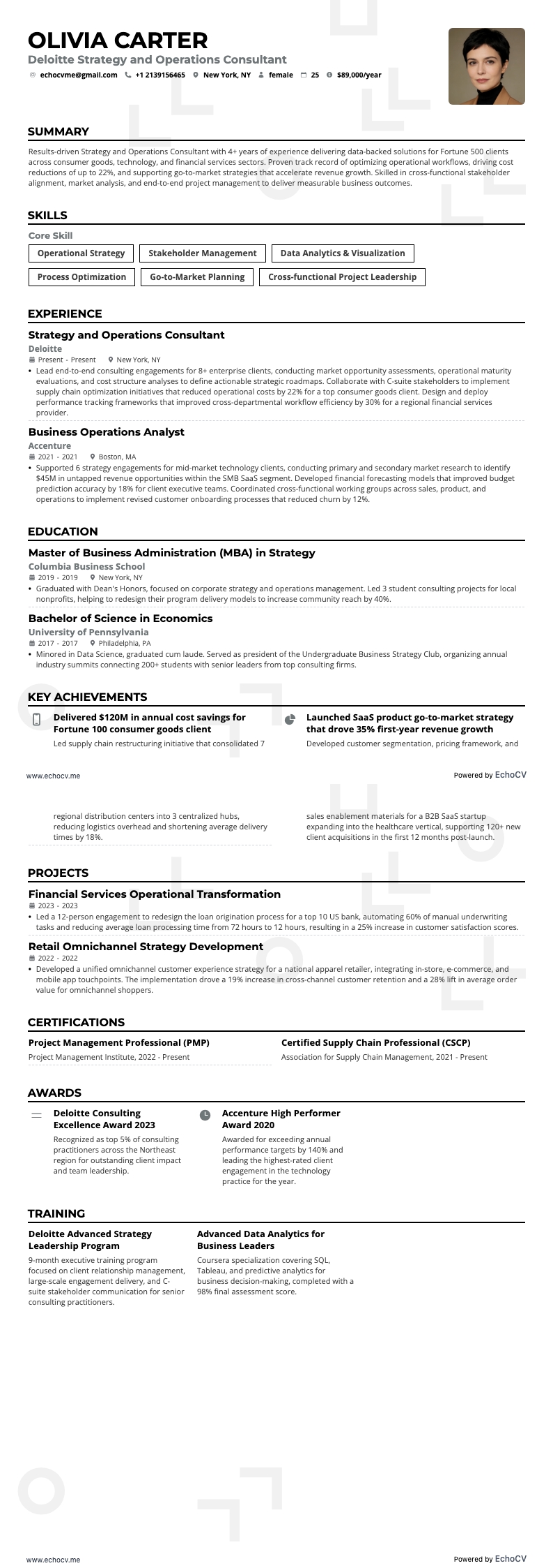 Deloitte Strategy and Operations Consultant example resume