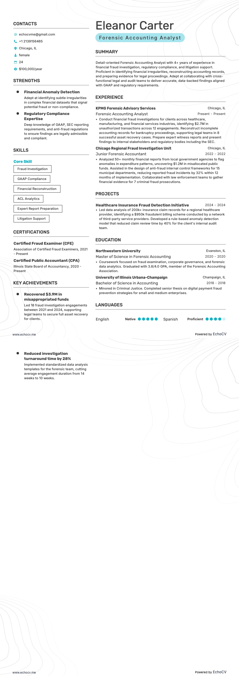 Analyste en comptabilité judiciaire example resume