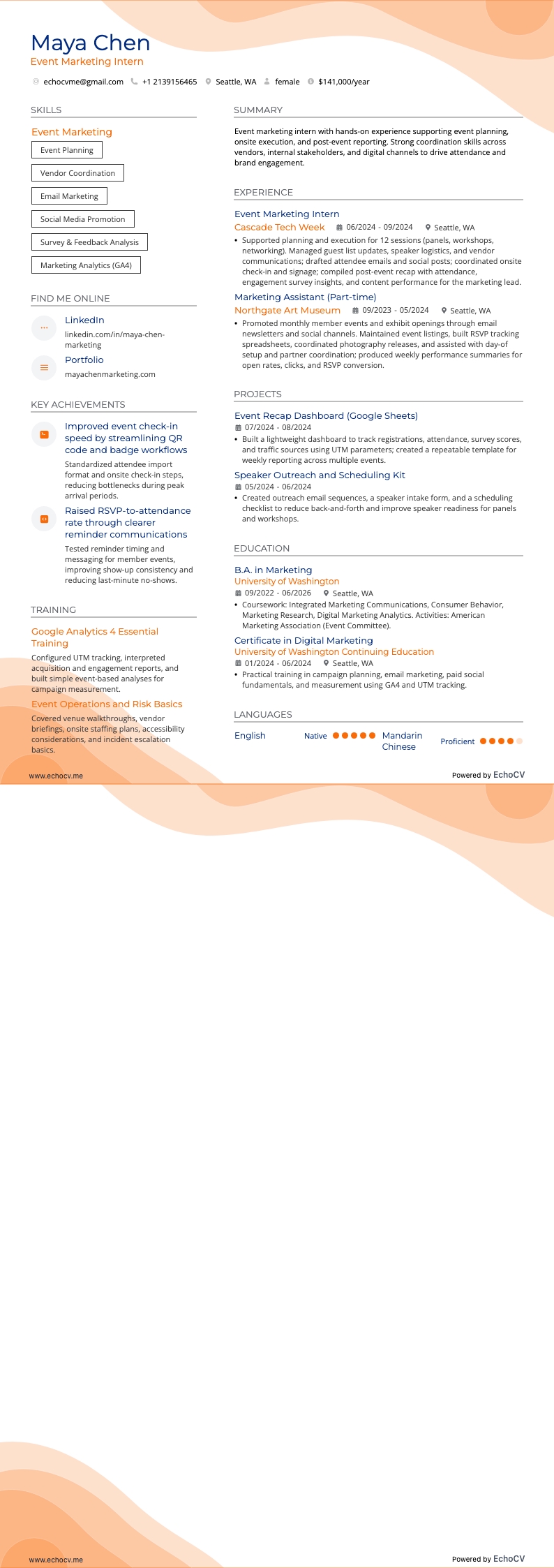 Thực tập sinh marketing sự kiện example resume