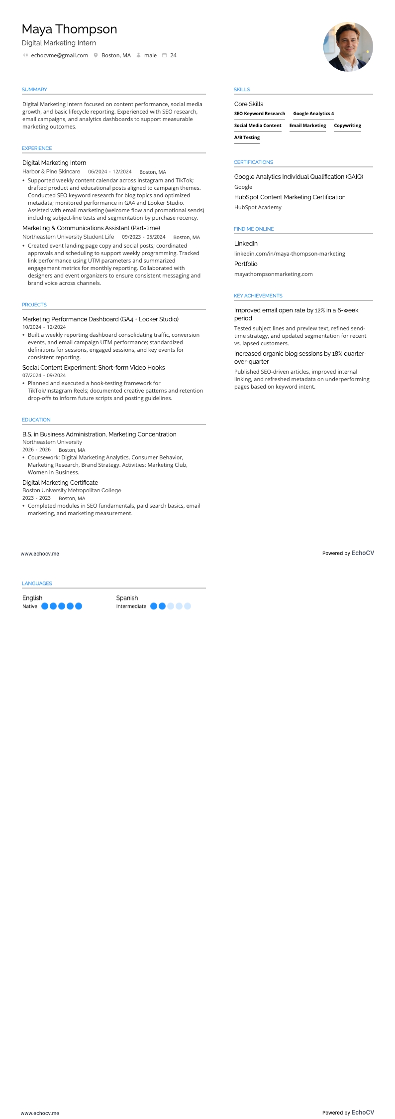 Thực tập sinh Marketing Kỹ thuật số example resume