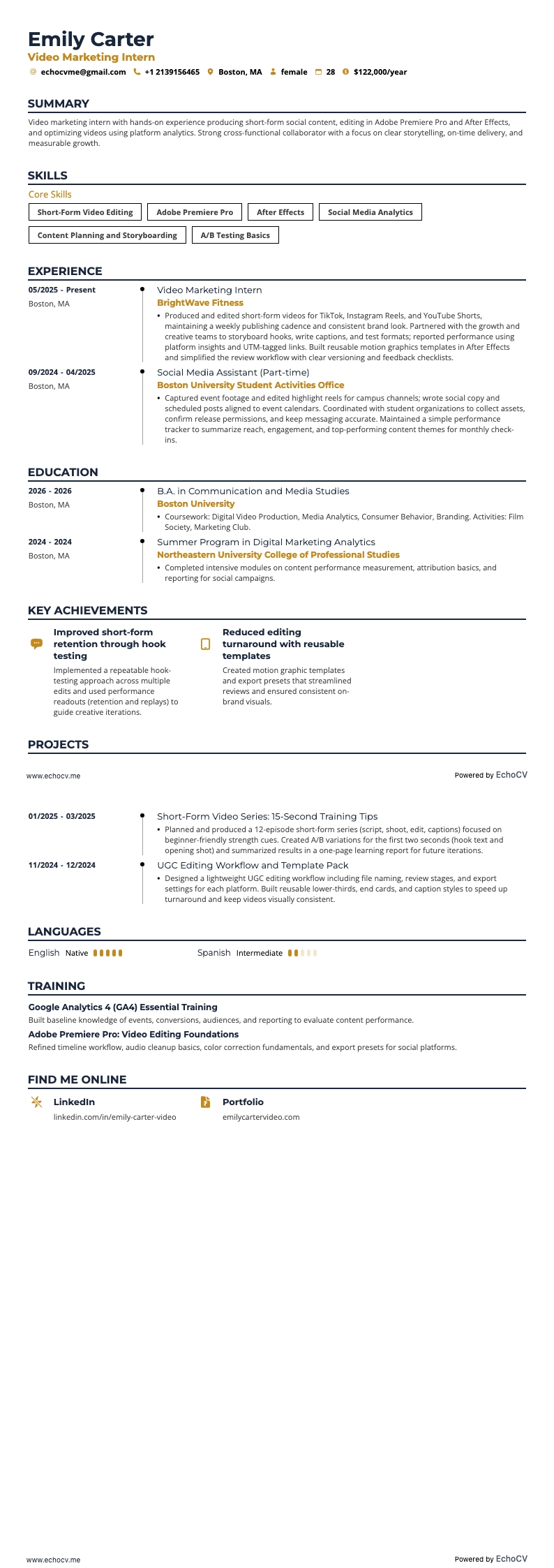 Thực tập sinh marketing video example resume