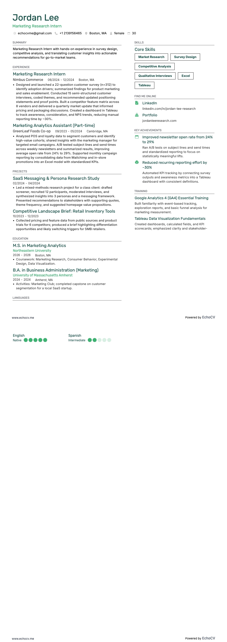 Thực tập sinh nghiên cứu thị trường example resume