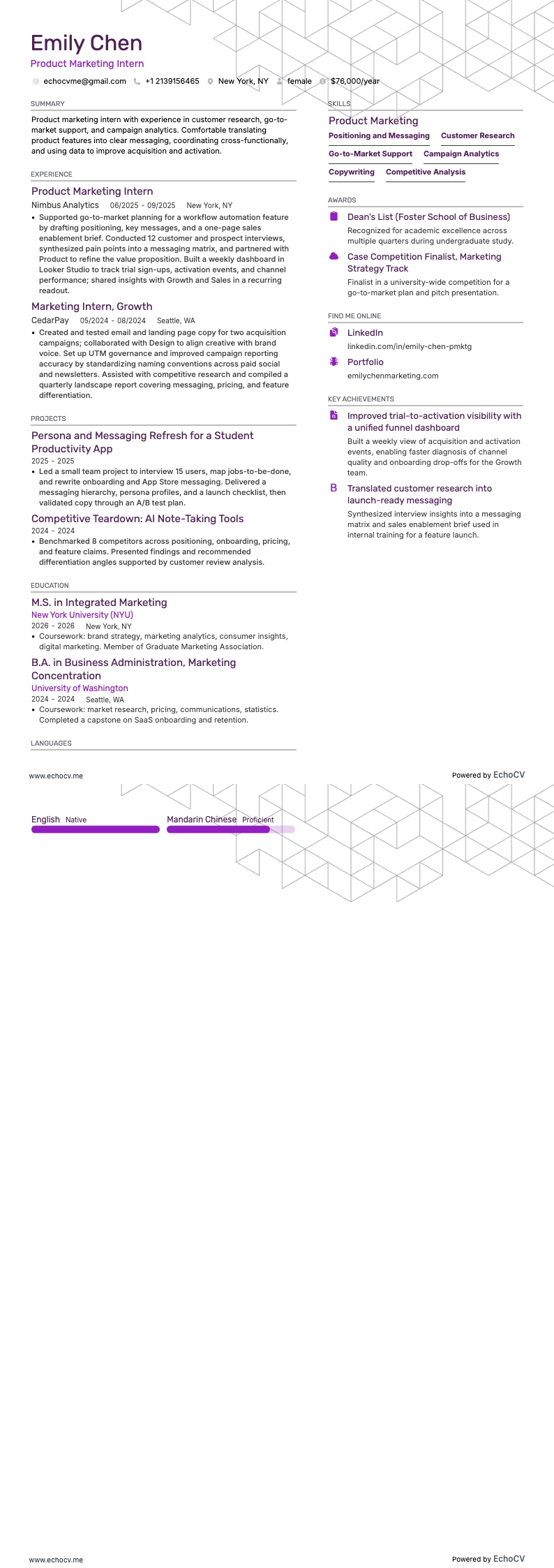 Thực tập sinh marketing sản phẩm example resume