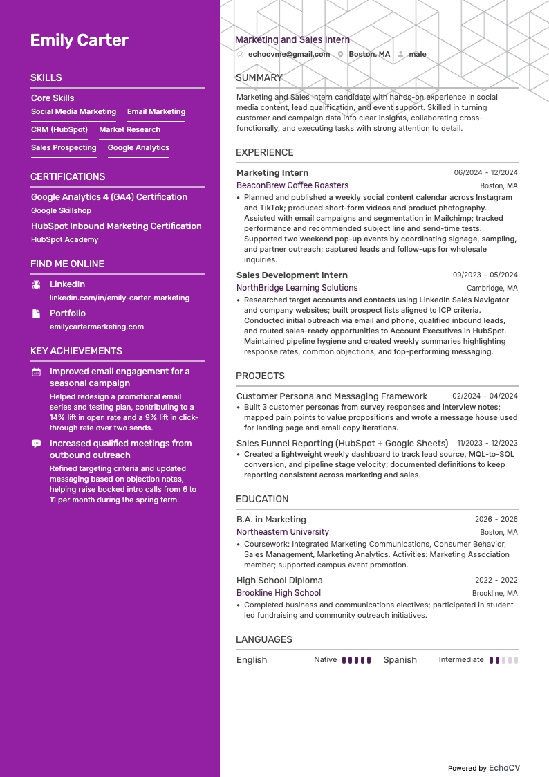 Thực tập sinh marketing và bán hàng example resume