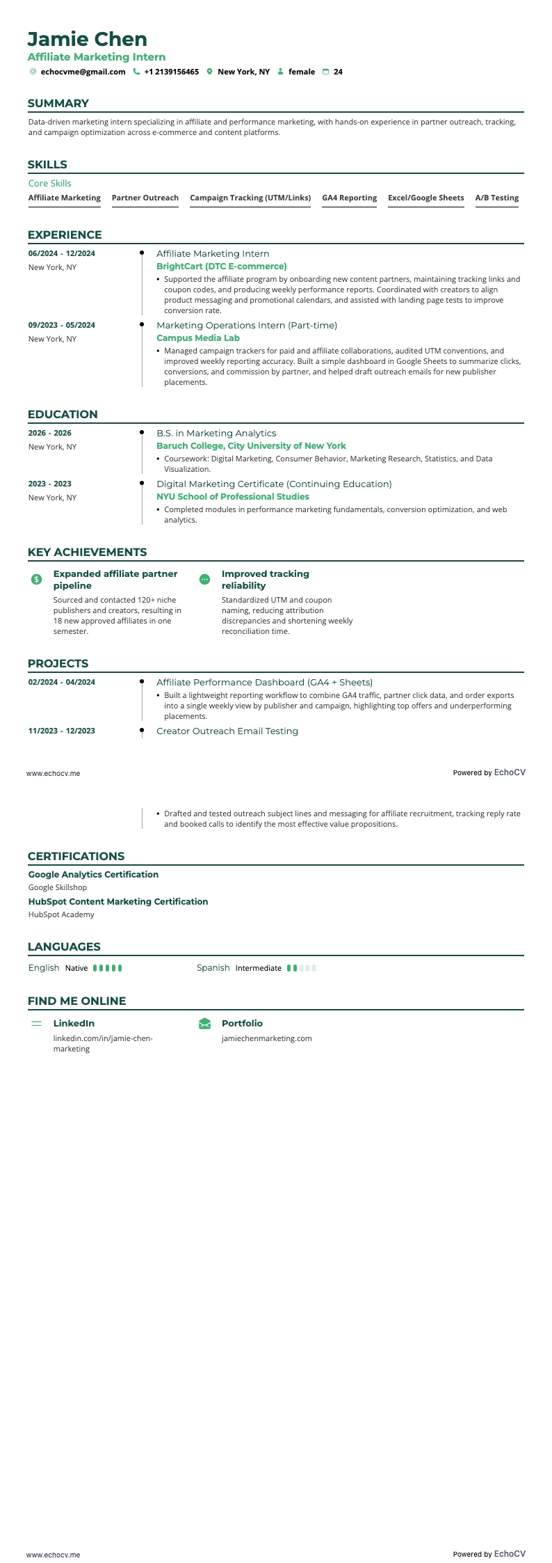 Thực tập sinh tiếp thị liên kết example resume