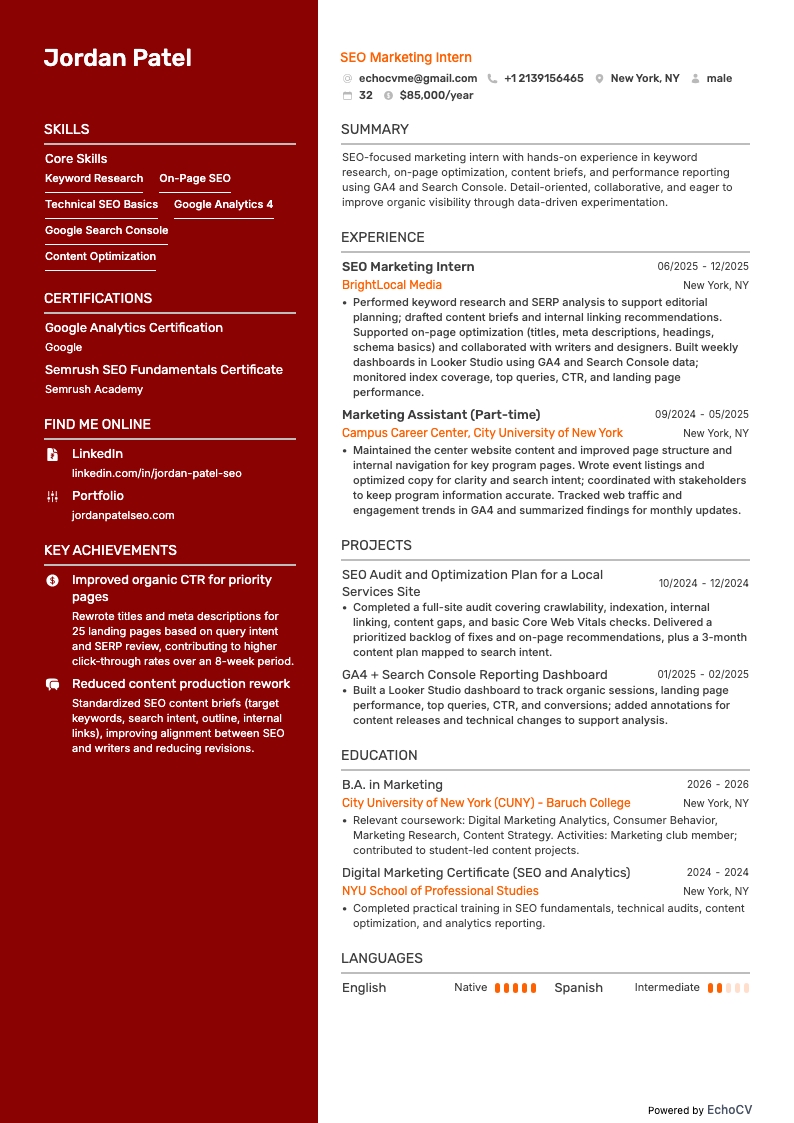 Thực tập sinh marketing SEO example resume