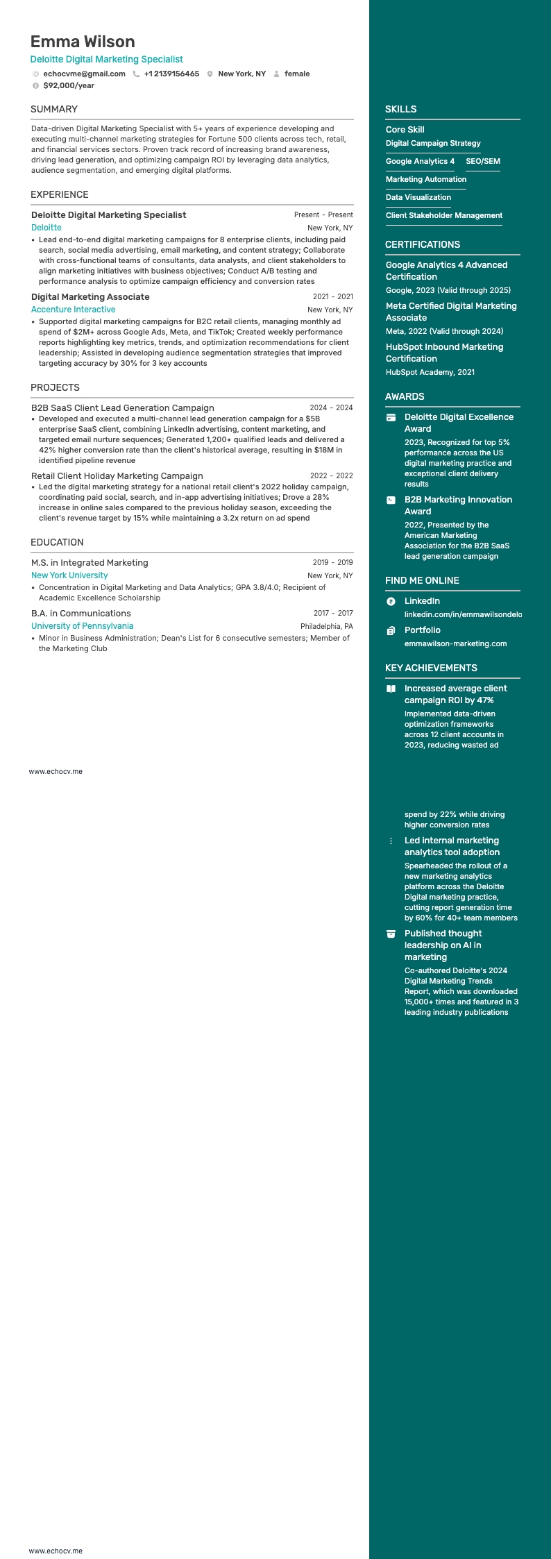 Deloitte Digital Marketing Specialist example resume