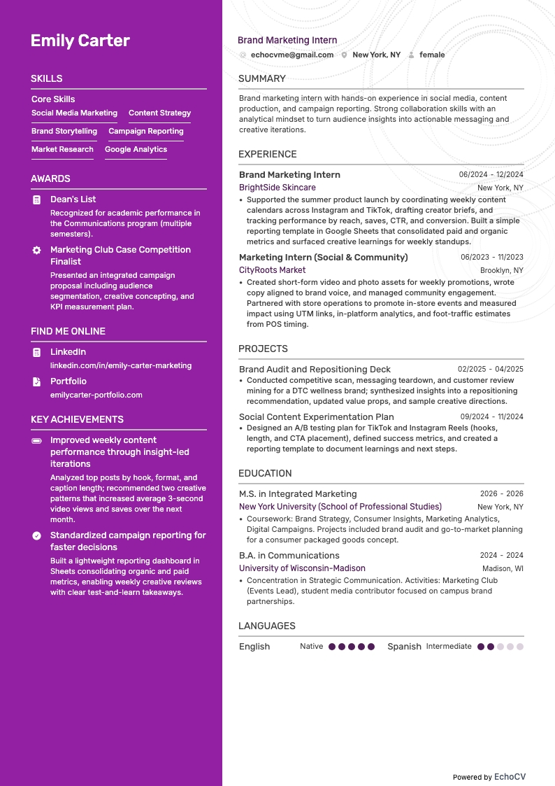 Thực tập sinh marketing thương hiệu example resume