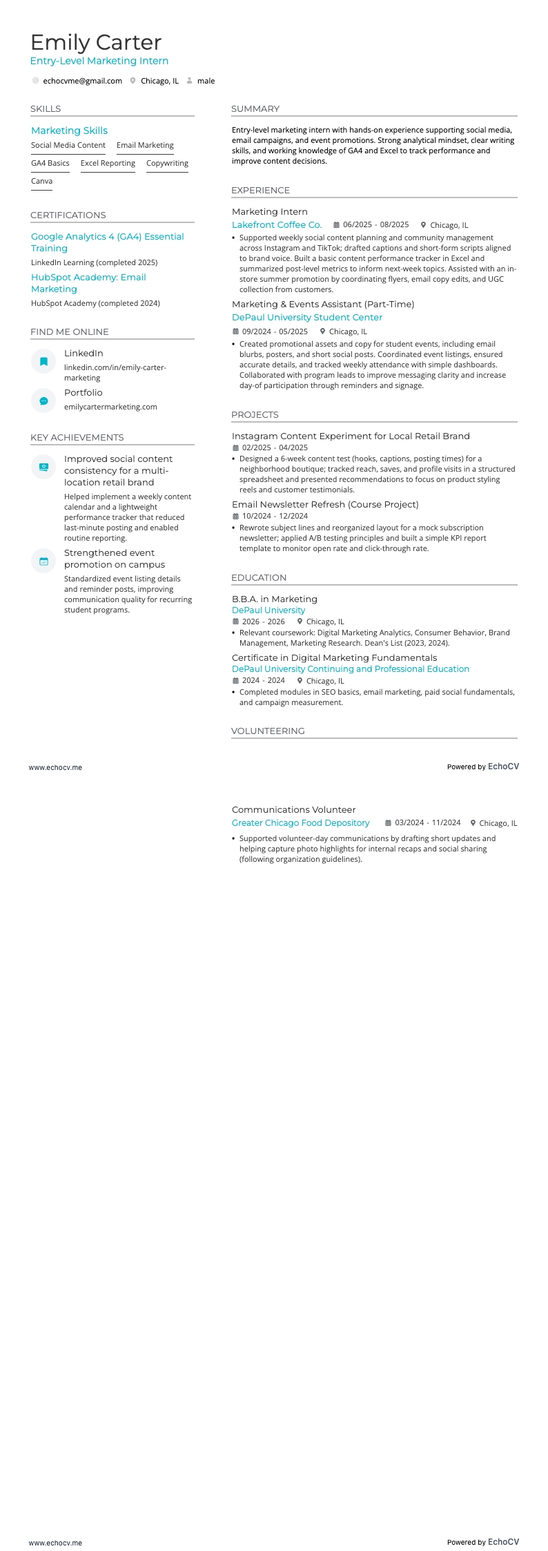 Thực tập sinh marketing resume example