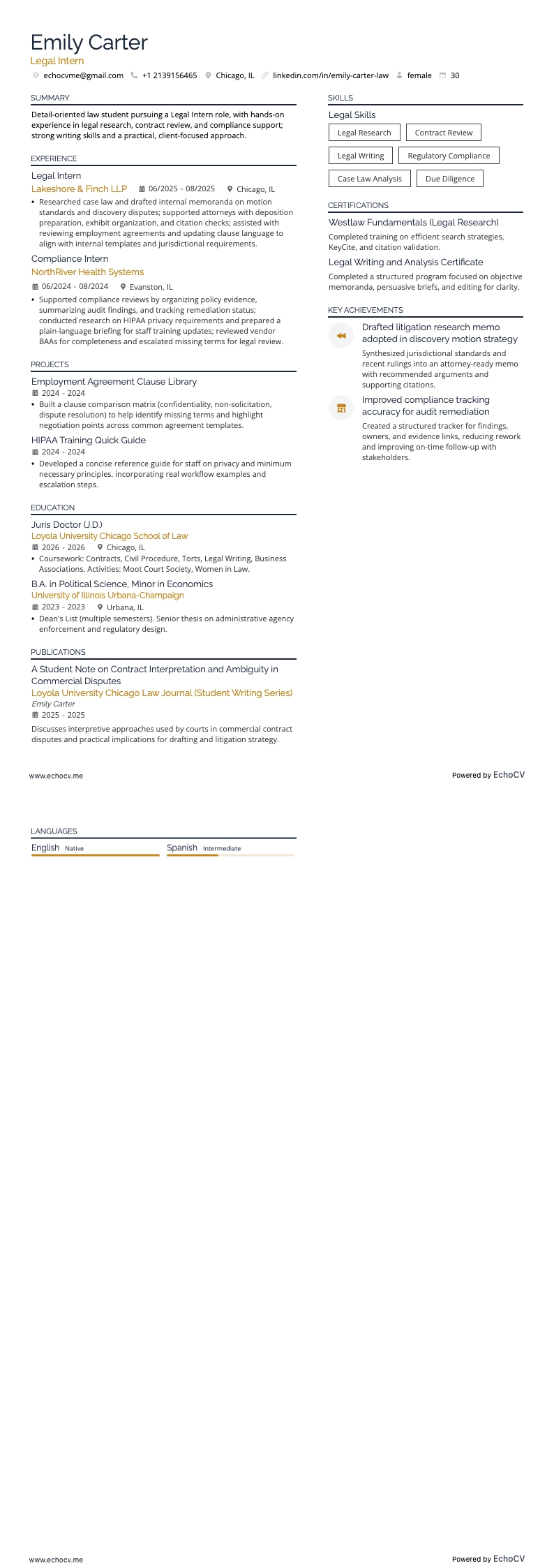 Legal Intern example resume