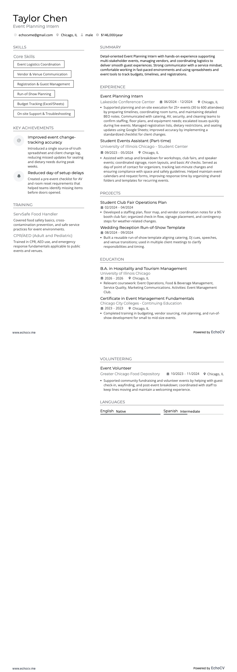 Event Planning Intern example resume