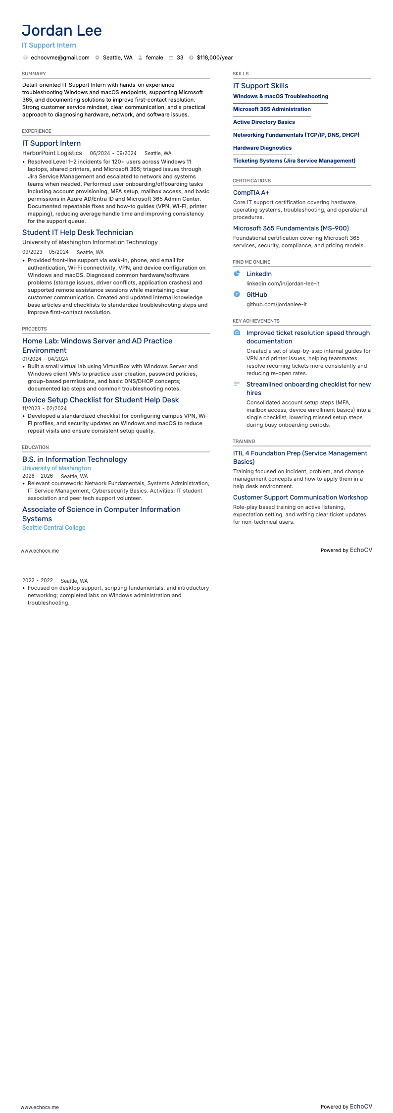 IT Support Intern example resume