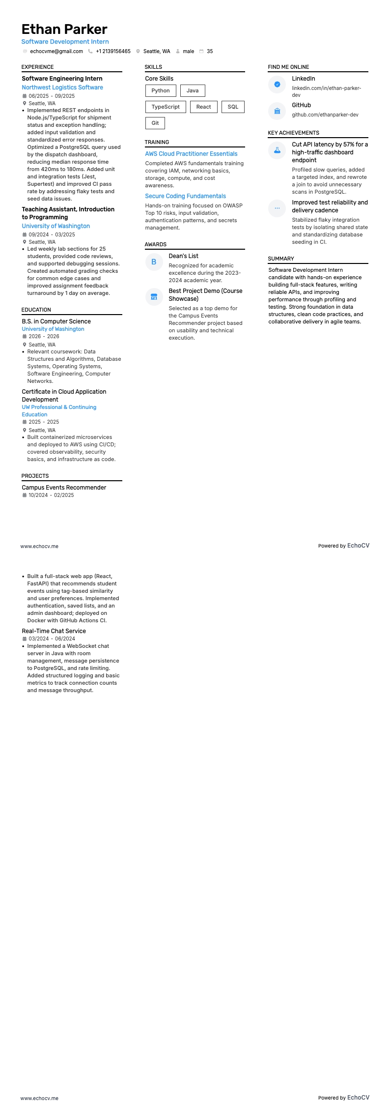 Software Development Intern example resume