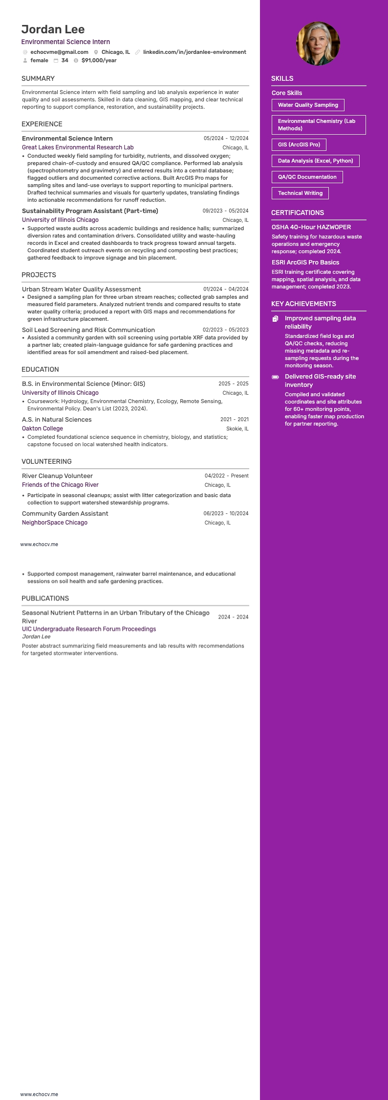 Environmental Science Intern example resume