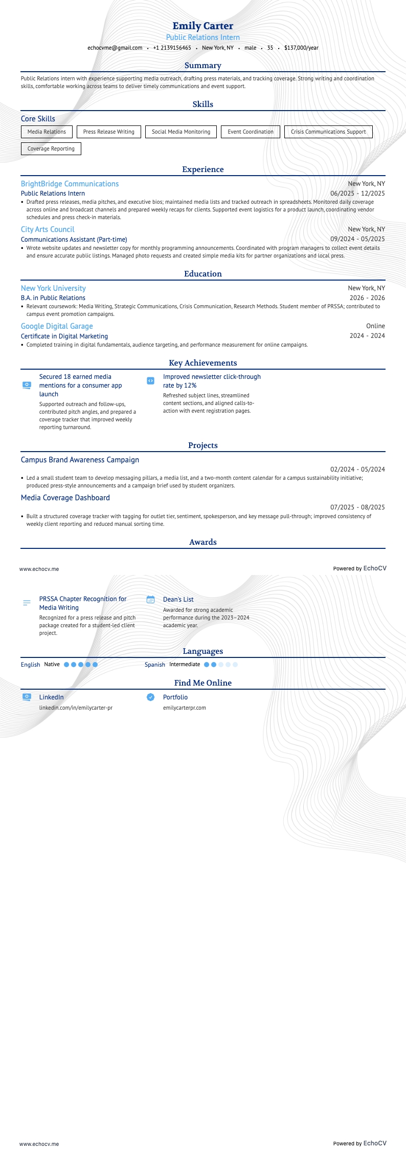 Public Relations Intern example resume