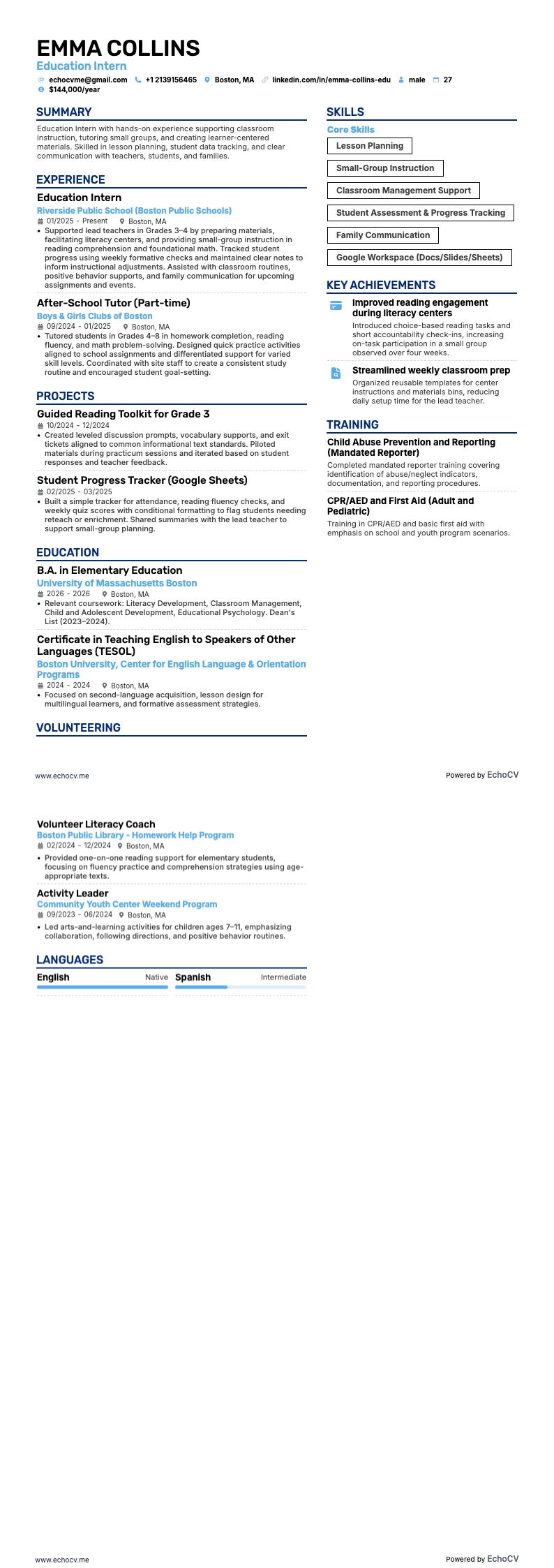 Education Intern example resume