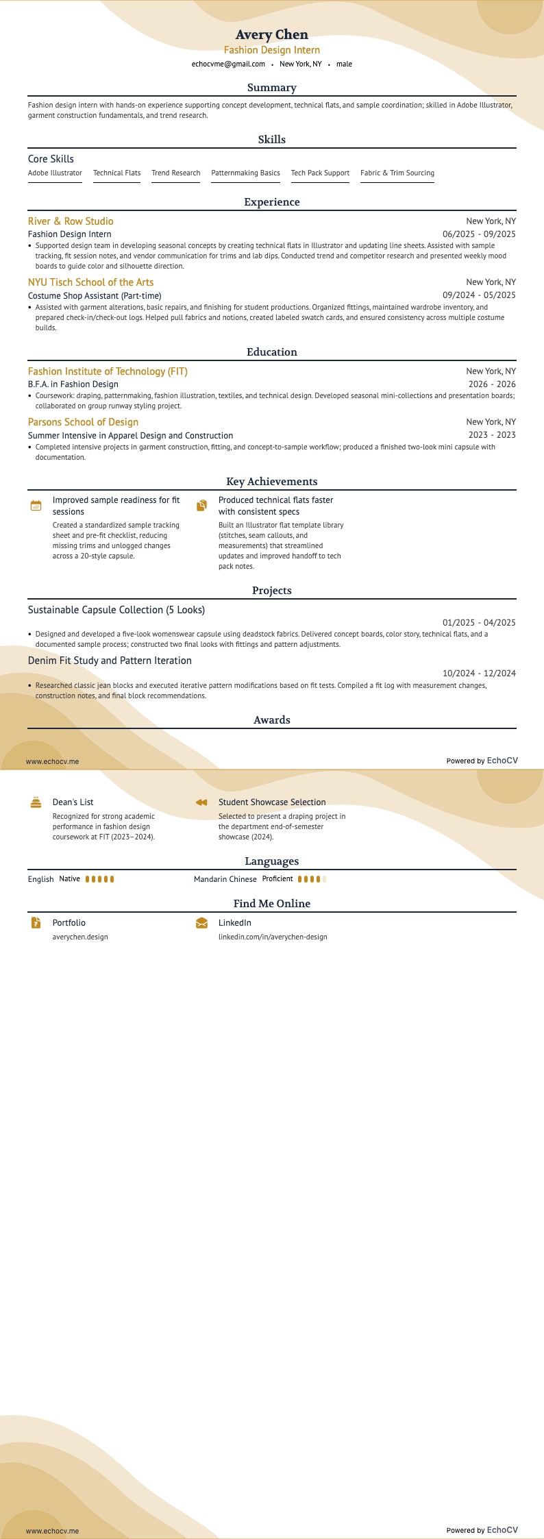 Fashion Design Intern example resume