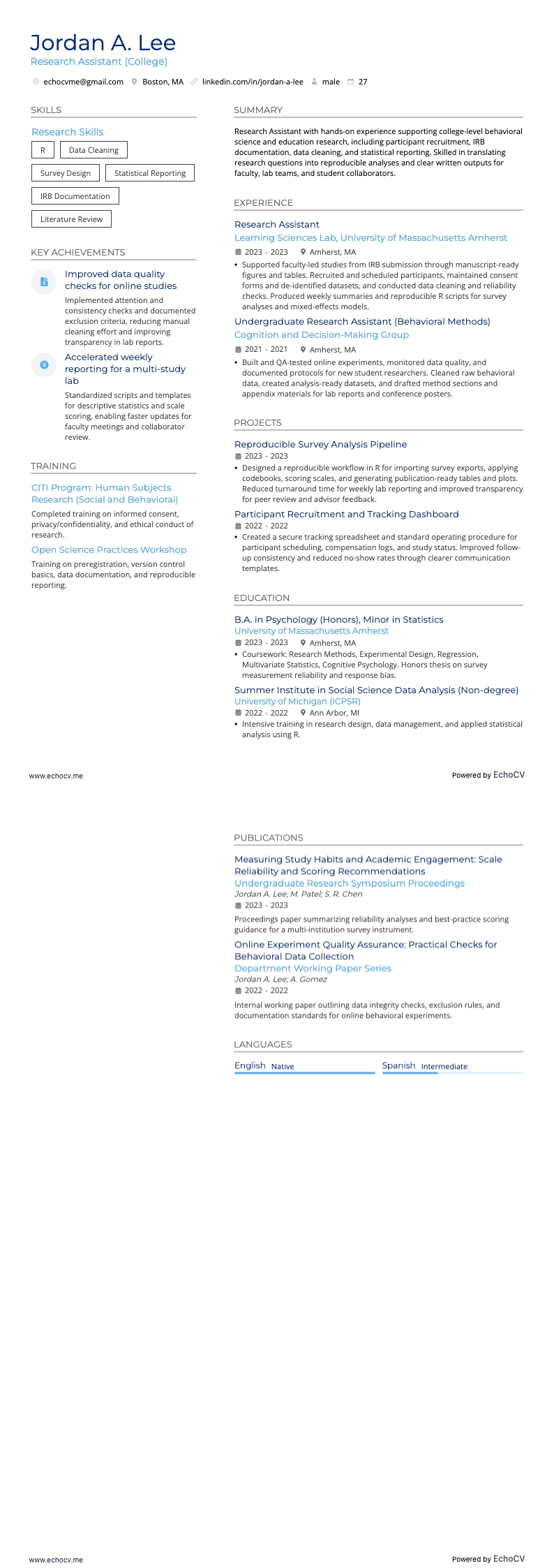 Trợ lý nghiên cứu đại học example resume