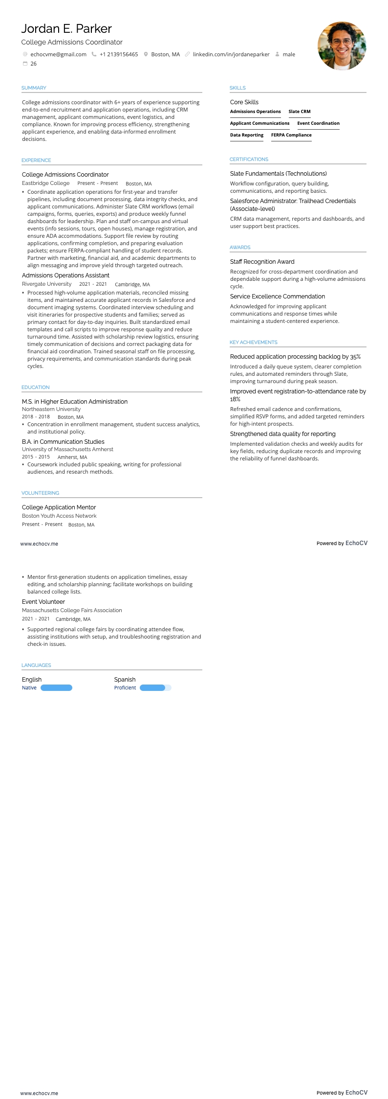 Điều phối viên tuyển sinh đại học example resume