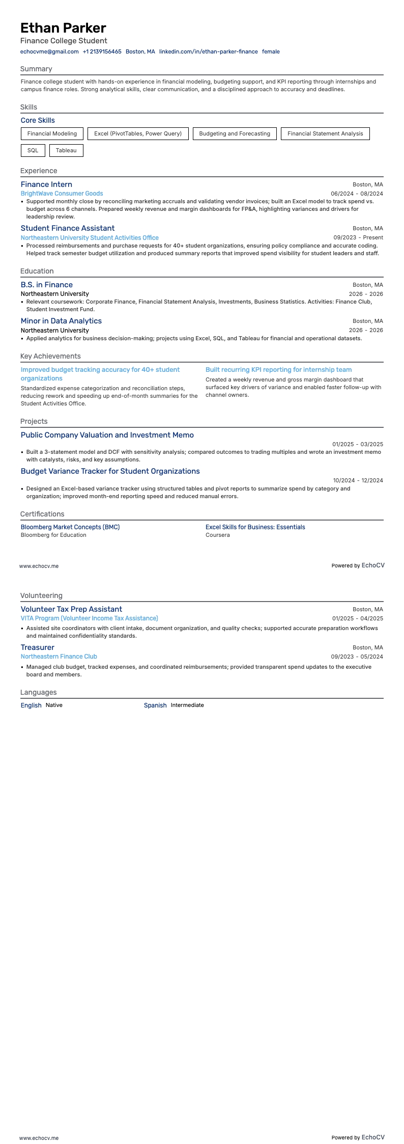 Sinh viên đại học ngành tài chính example resume