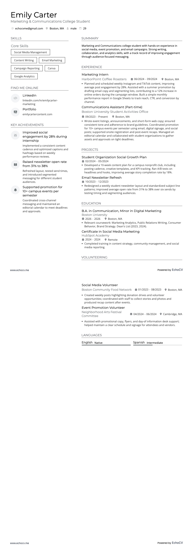 Sinh viên đại học ngành marketing và truyền thông example resume