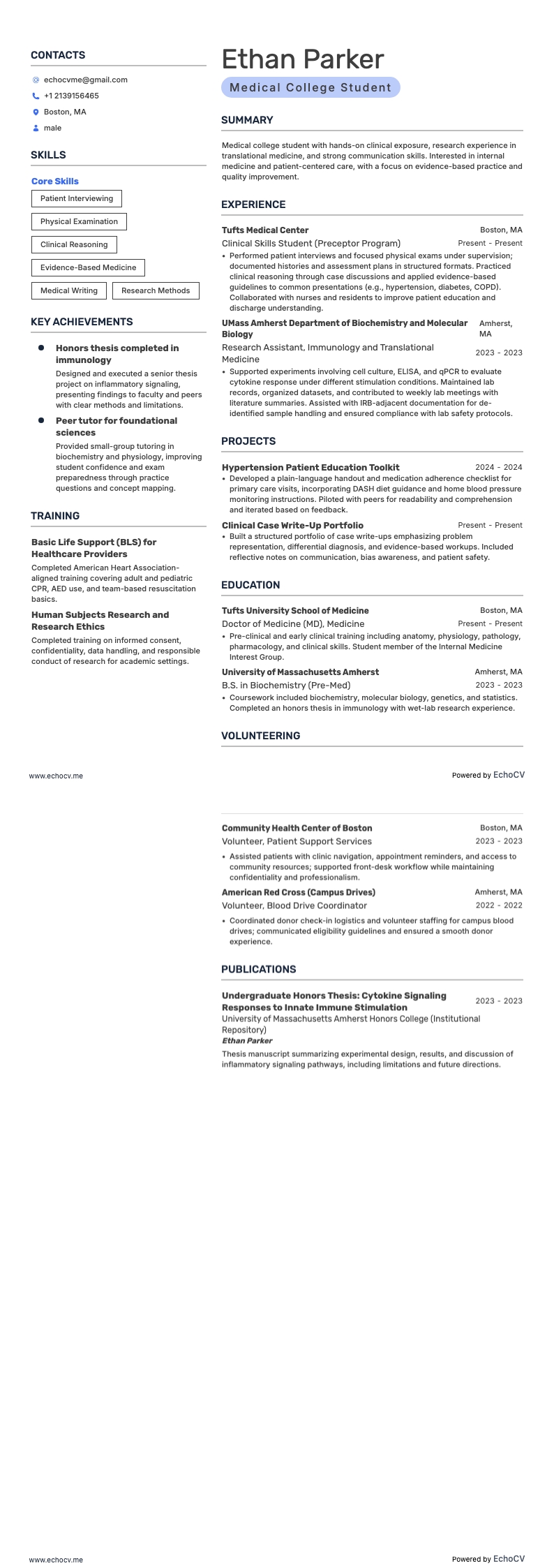 Sinh viên y khoa example resume