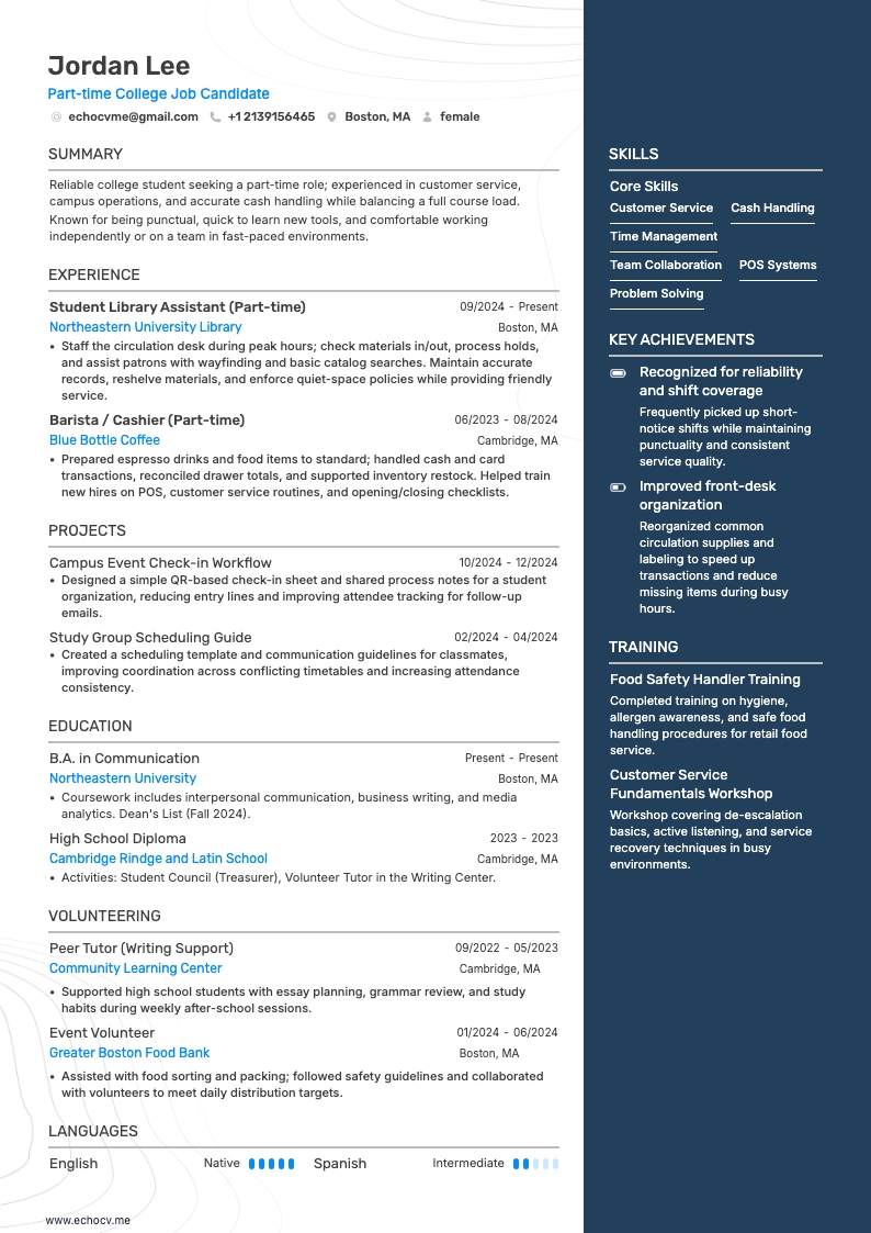 Công việc bán thời gian cho sinh viên example resume