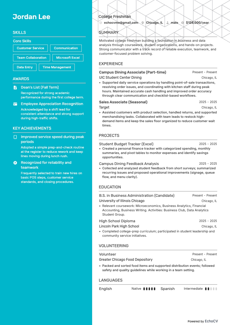 Sinh viên năm nhất example resume