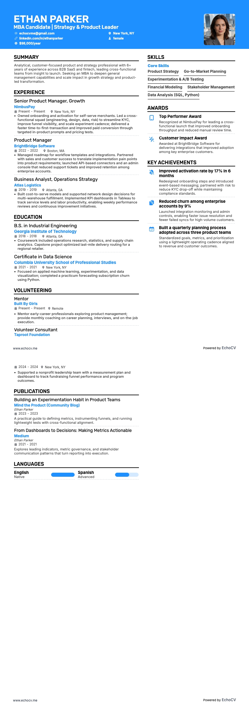MBA Application example resume