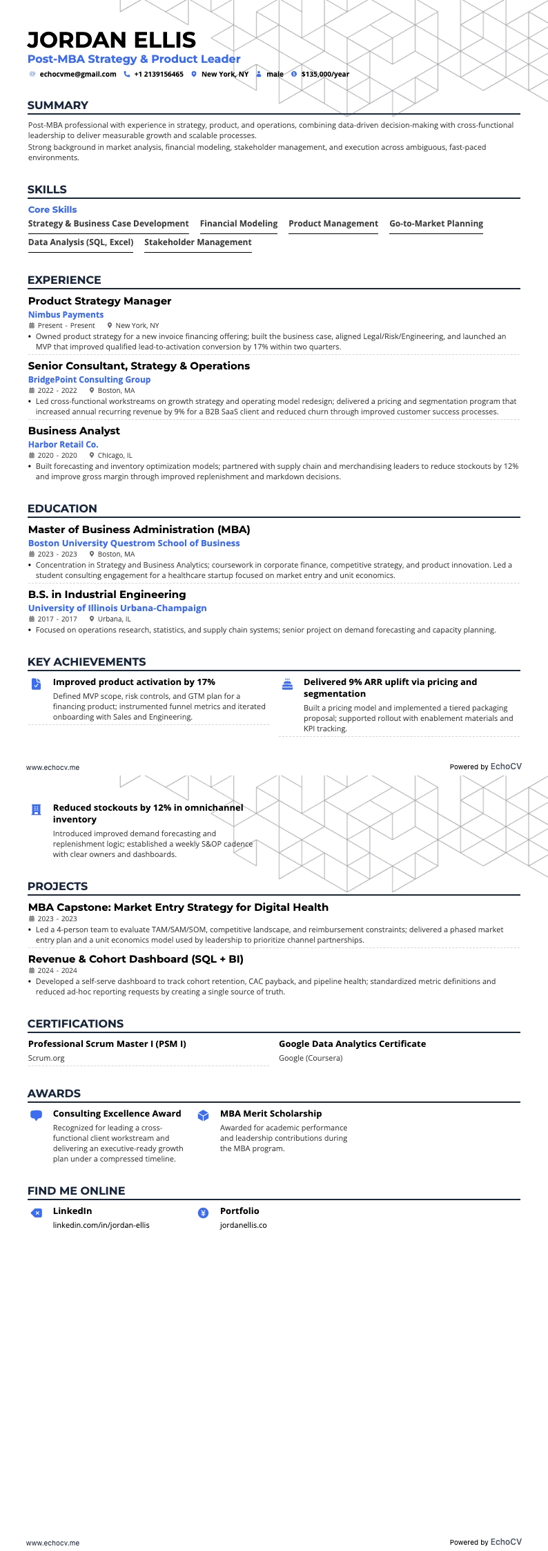 Post-MBA example resume