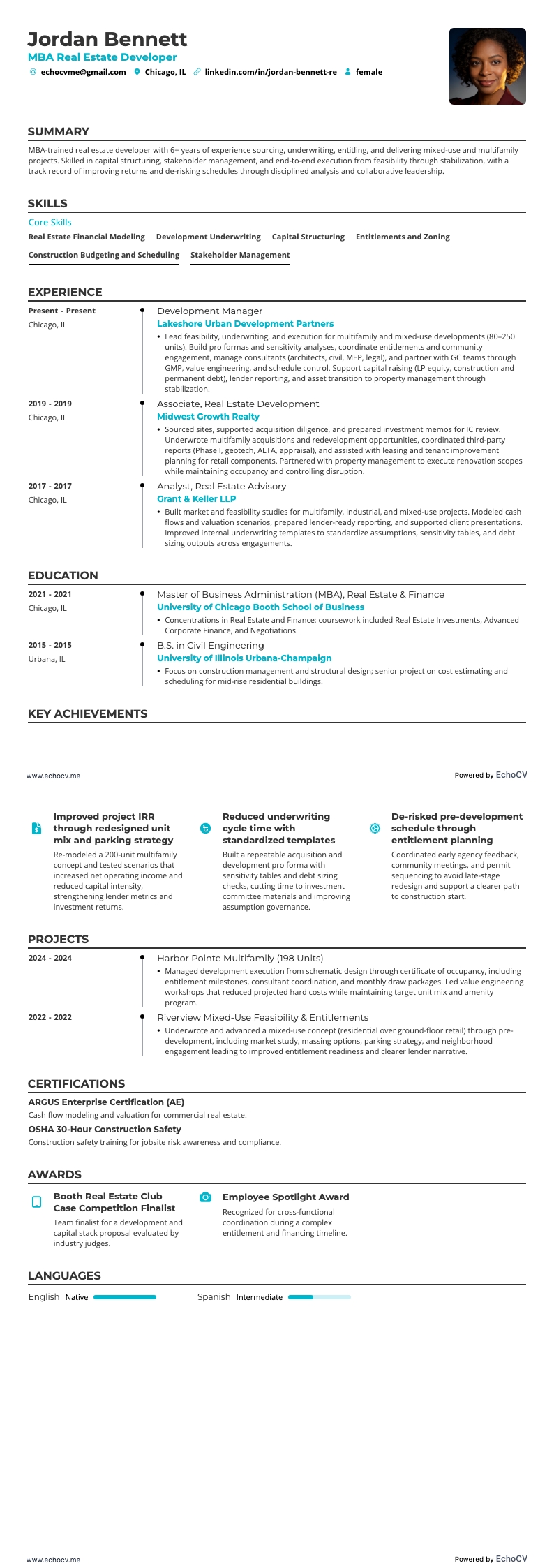 MBA Real Estate Developer example resume