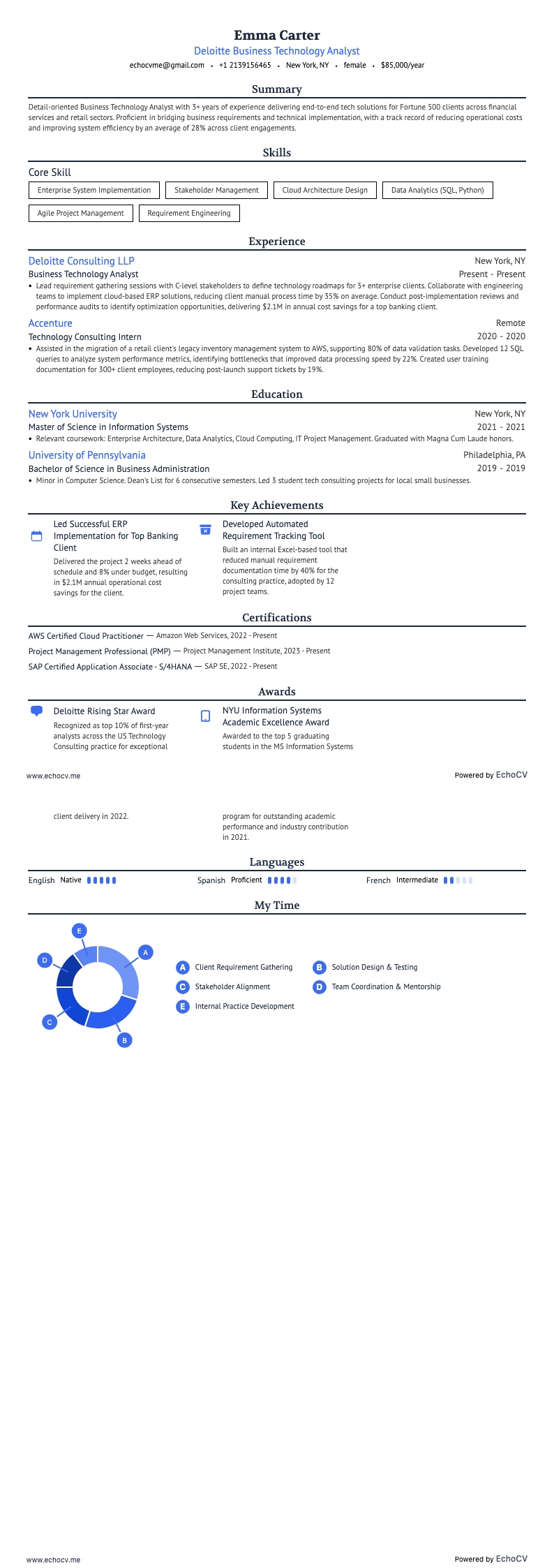 Deloitte Business Technology Analyst example resume