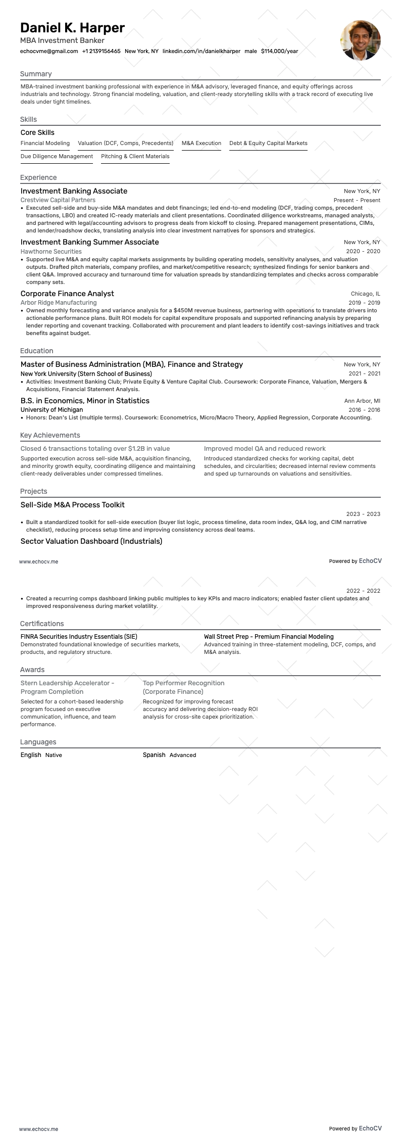 MBA Investment Banker example resume