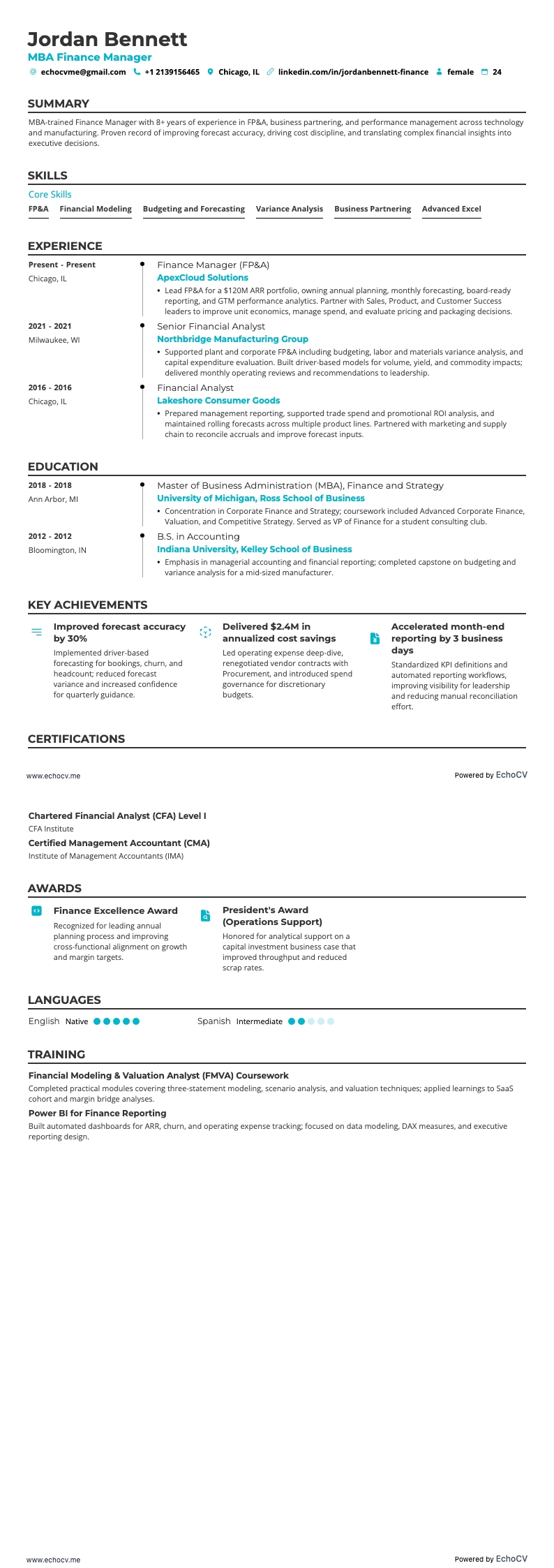 MBA Finance Manager example resume