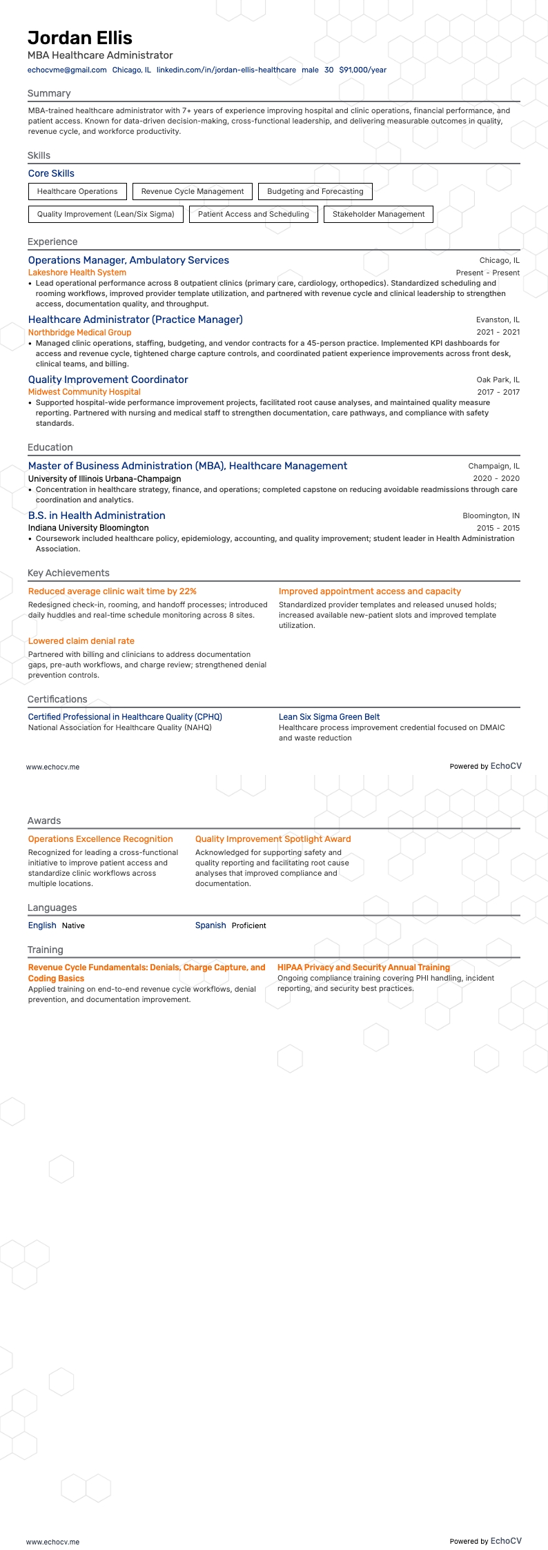 MBA Healthcare Administrator example resume