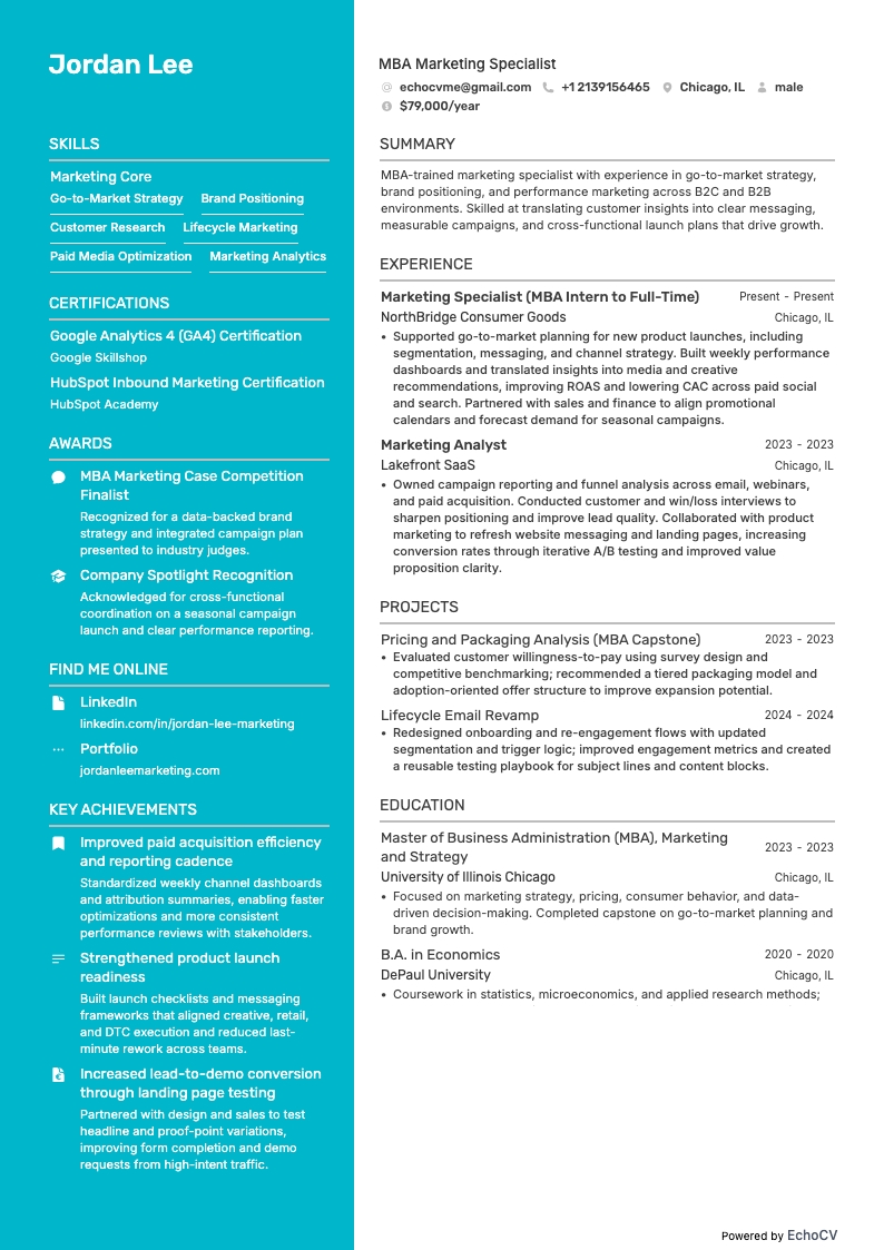 MBA Marketing Specialist example resume