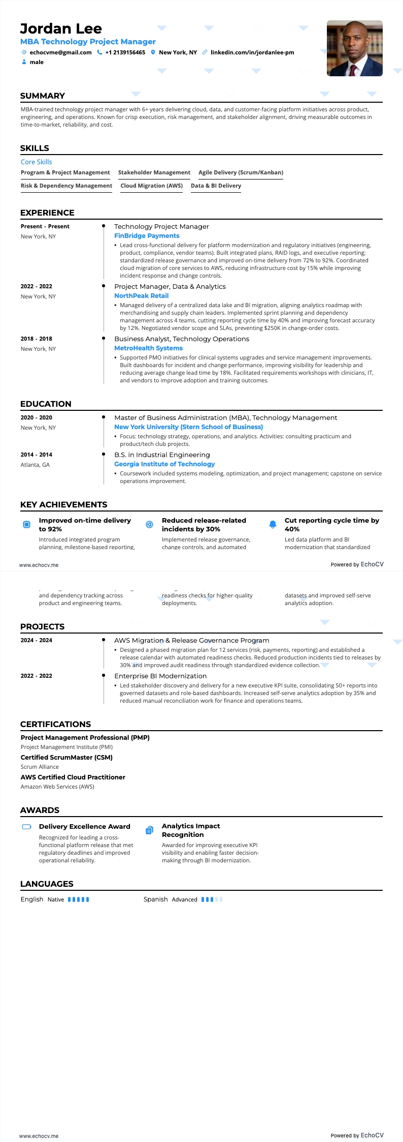 MBA Technology Project Manager example resume