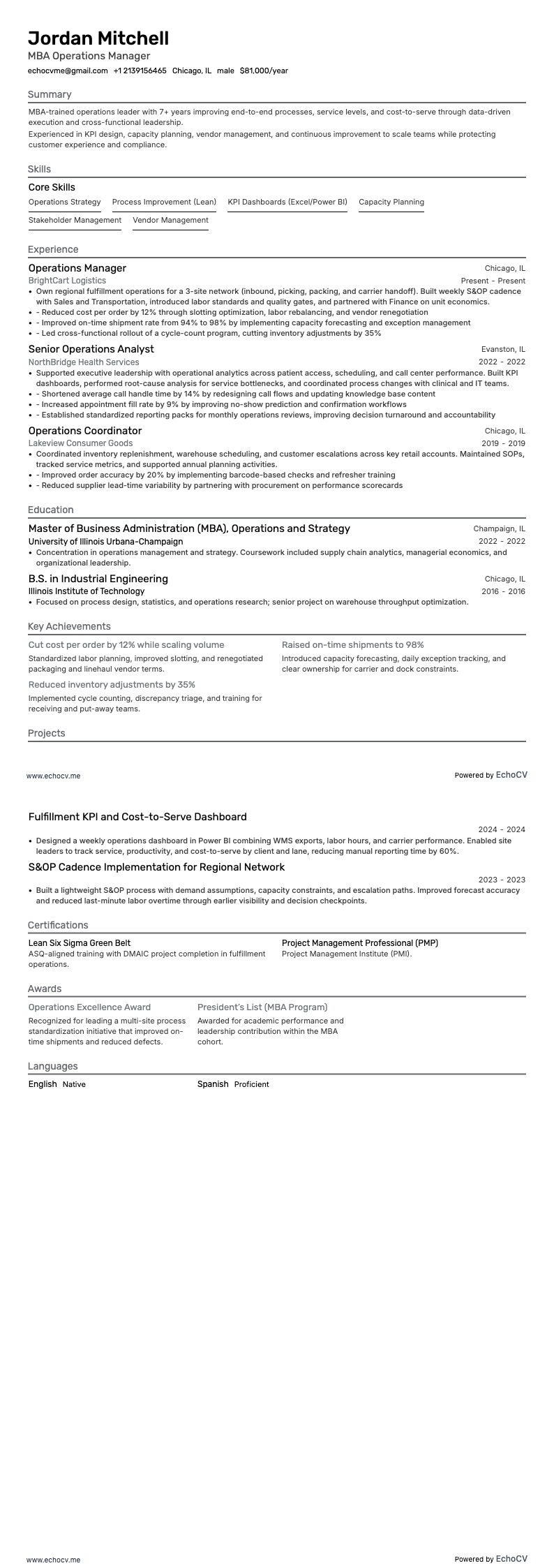 MBA Operations Manager example resume
