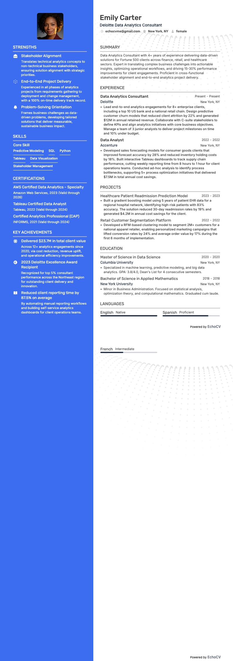 Deloitte Data Analytics Consultant example resume