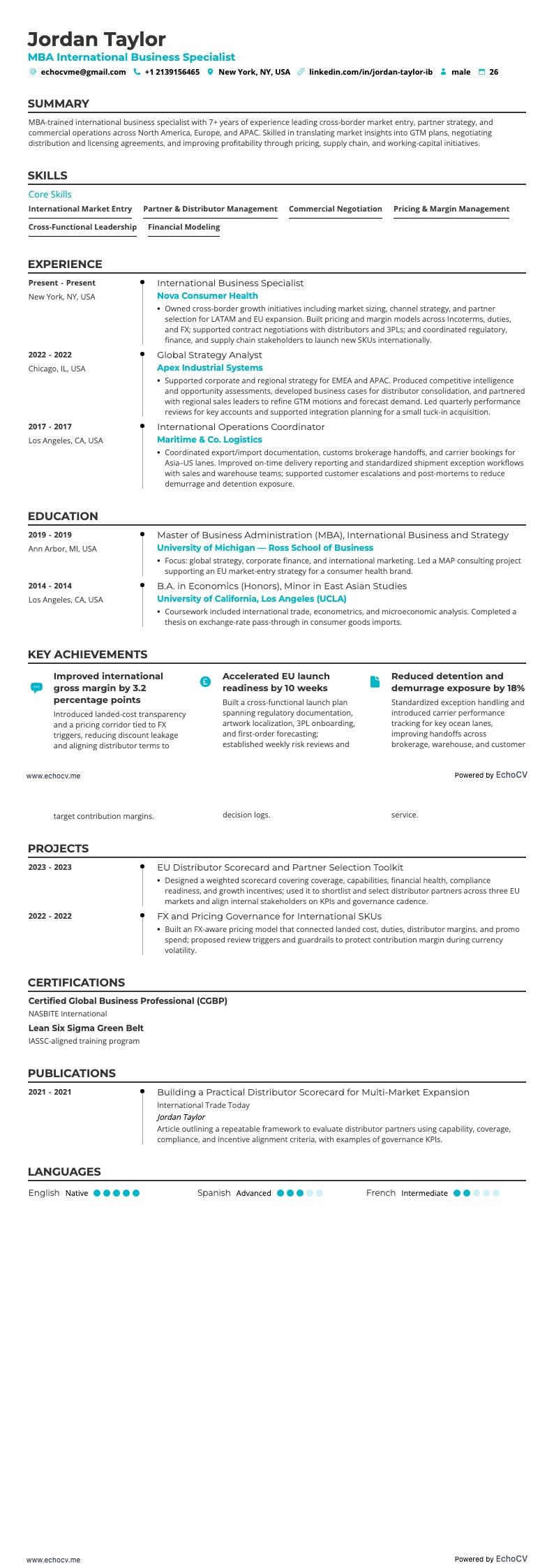 MBA International Business Specialist example resume