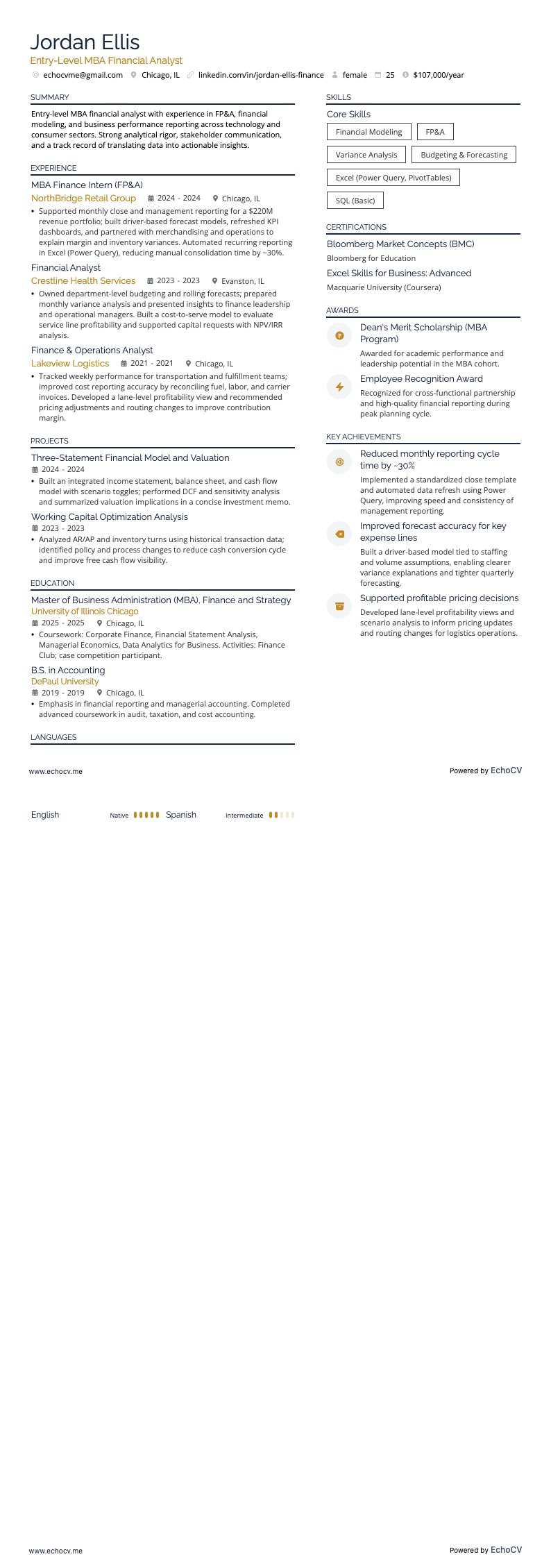 Entry-Level MBA Financial Analyst example resume